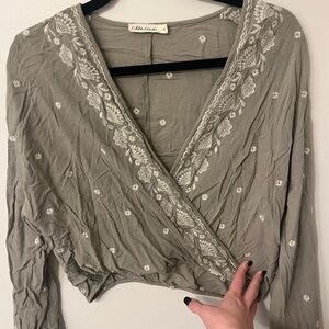 Green/grey Embroidered Women's Top
